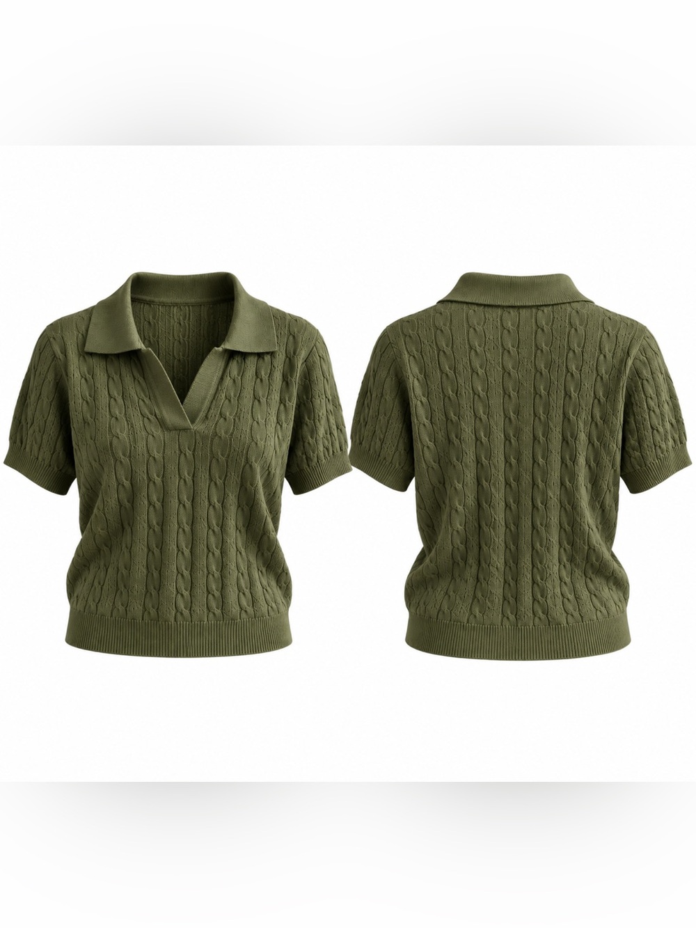 Cable Knit Polo Sweater Top Short Sleeve